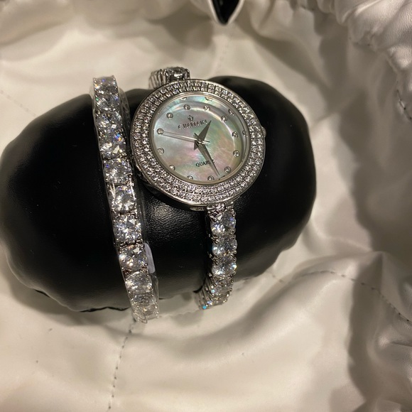 2 pc Croton Women Silver CZ Watch/tennis Bracelet Set with Mother of Pearl Dial. - Picture 2 of 5